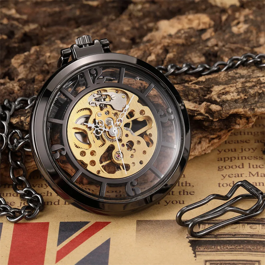 

Vintage Black Round Mechanical Pocket Watch Numerals Analog Antique Hand Wind Watch Pendent Steampunk Men's Gift