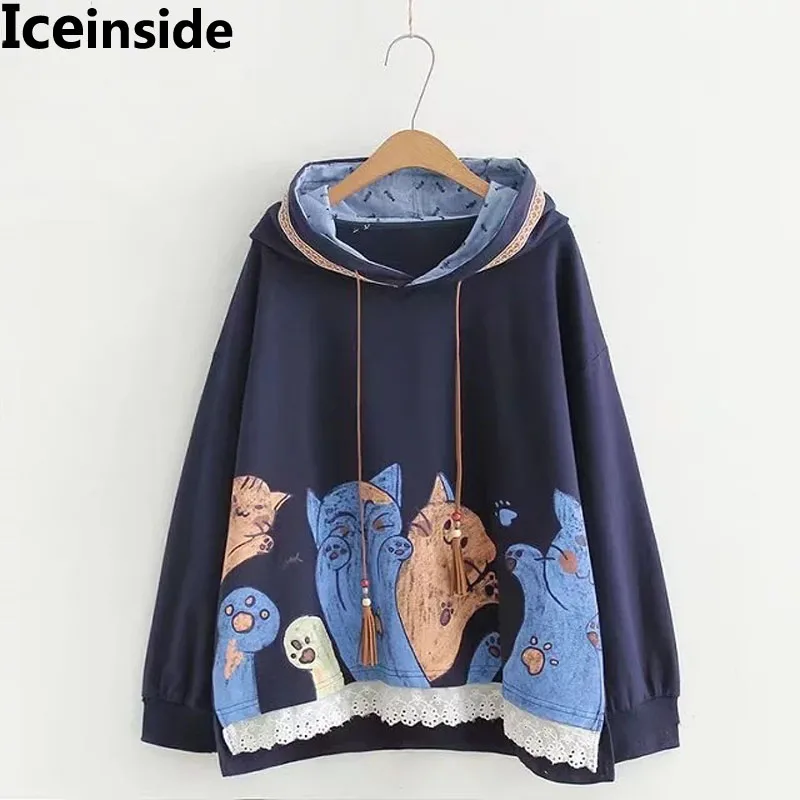 Японская Женская толстовка с капюшоном кружевом и кисточкой милым котом Женский