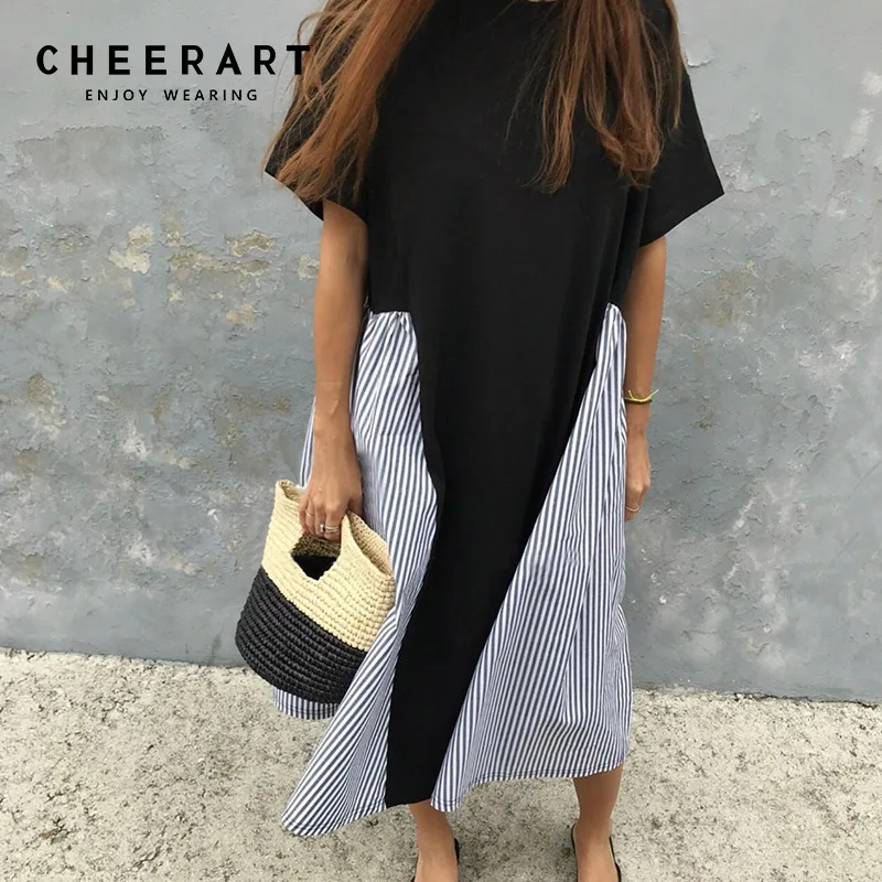 Летнее Свободное длинное платье Cheerart в полоску женское лоскутное качели
