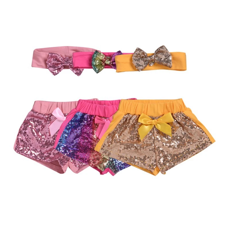 Летние модные дизайнерские шорты с блестками для маленьких девочек повязка на