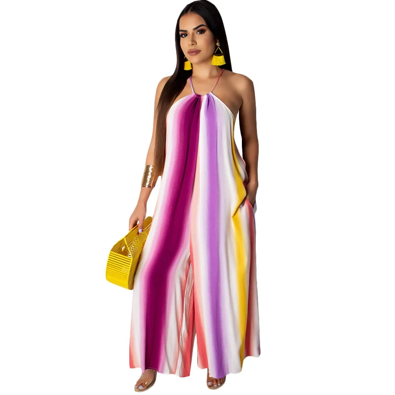 

Summer new hot sexy jumpsuit sleeveless halter hanging neck striped print wide-leg jumpsuit