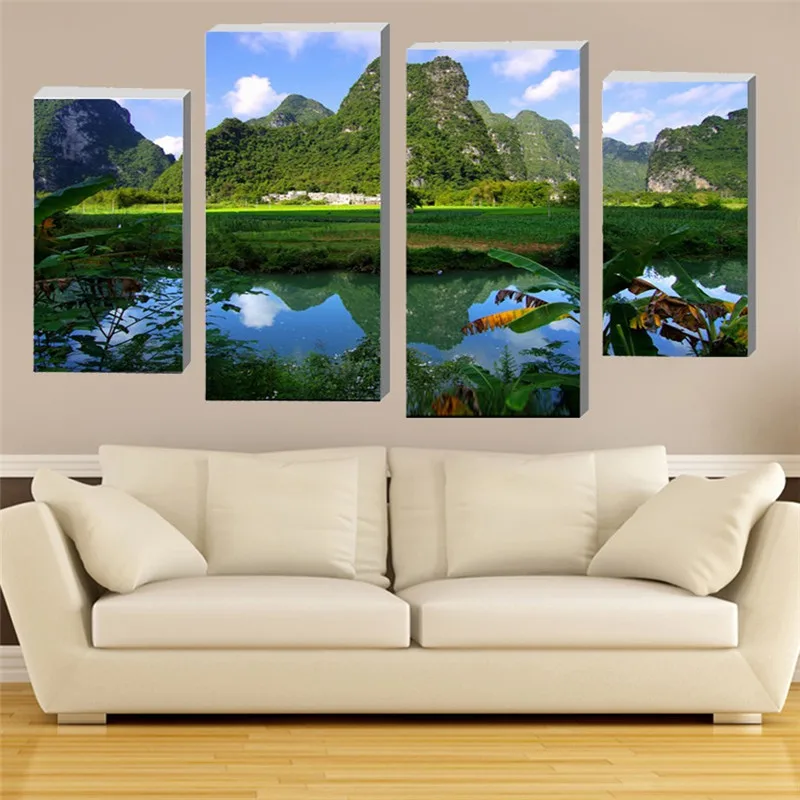 4 панели горы голубое небо озеро природа пейзаж настенное искусство холст