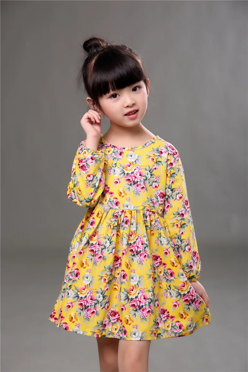 2016 New Autumn Girls Dress Kids Long Sleeve Baby linen Floral Children Pleats Toddler Basic Clothes 2-6Y | Детская одежда и обувь