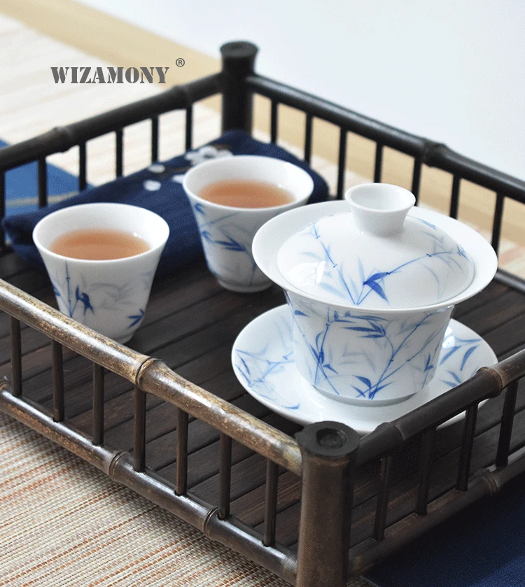 1 шт WIZAMONY голубой и белый бамбуковый Gaiwan Китайский древний чайный набор из глазури Цзиндэчжэнь чайная чашка для разнообразного чайного фарфора
