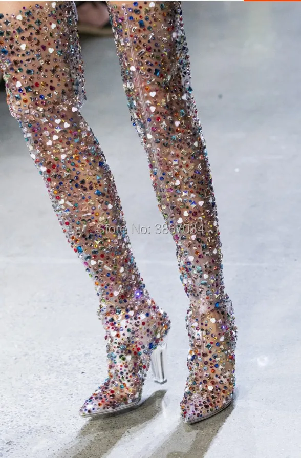 SHOOEGLE/прозрачные сапоги выше колен из ПВХ с кристаллами модельные разноцветные