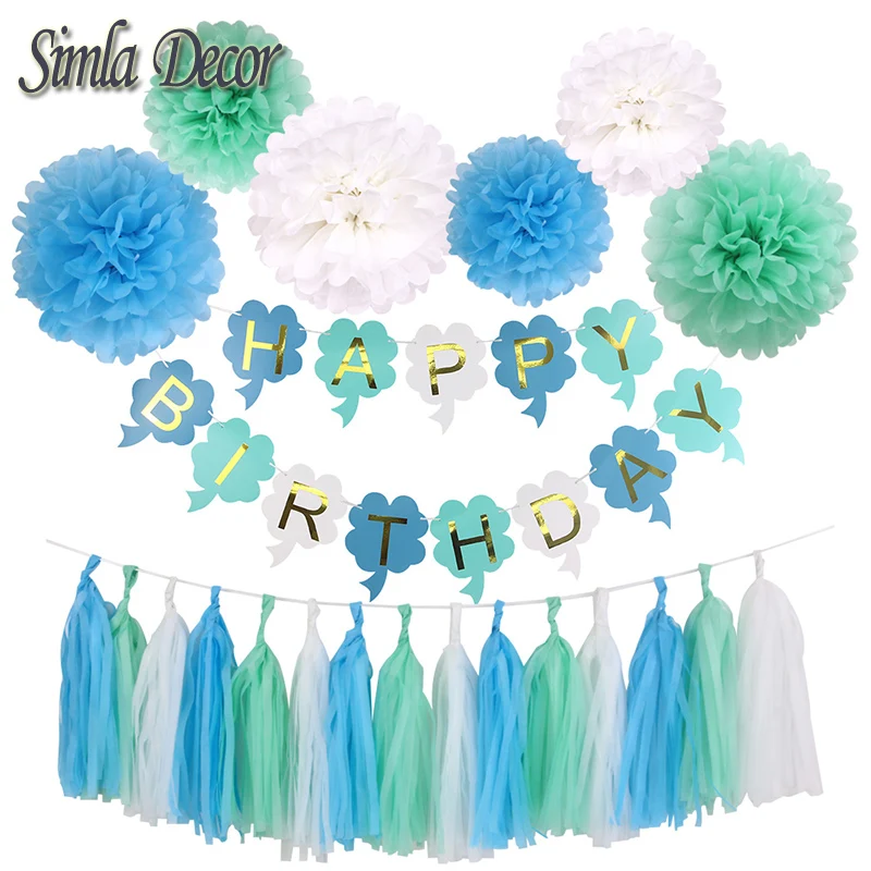 Детский душ Декор ко дню рождения синие украшения из глянцевой бумаги помпоны