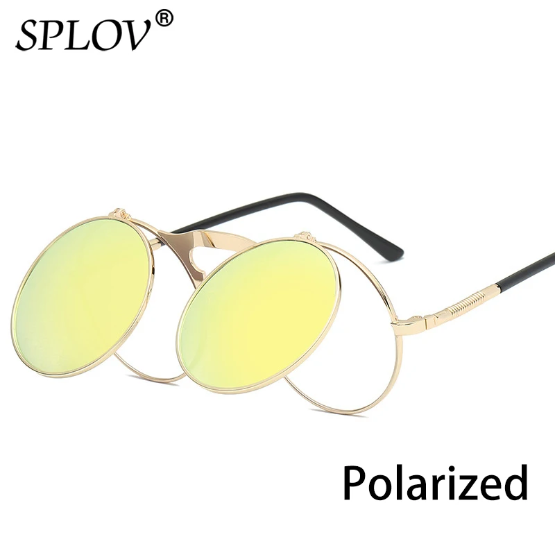 C10GoldYellowP SPLOV, Ретро стиль, стимпанк, флип-ап, мужские солнцезащитные очки, женские, Ретро стиль, круглая металлическая оправа, солнцезащитные очки, шарнир, дизайн, изогнутые очки, ноги, UV400 - Цвет линз: C10GoldYellowP