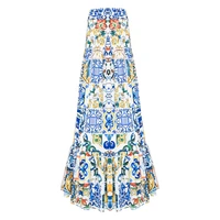 high quality 2021 new fashion summer long skirt womens elegant blue and white porcelain print bohemian casual maxi skirt
