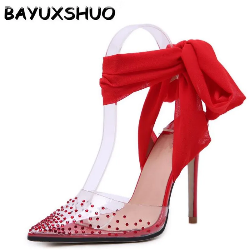BAYUXSHUO/новые женские туфли на высоком каблуке, шарф со стразами, с бантом, с острым носком, на шпильках, сандалии, туфли-лодочки на шнуровке, женская свадебная обувь