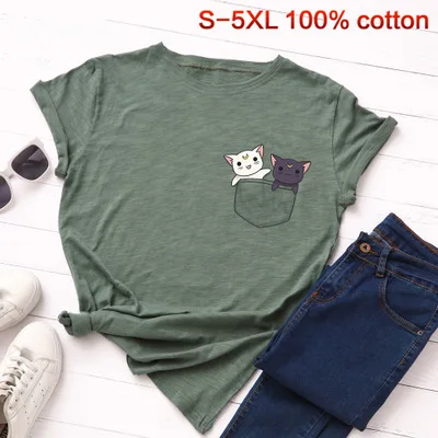army green SINGRAIN/женская футболка с милым рисунком котенка из мультфильма, модные топы с карманом и котом из хлопка, большие размеры, футболка с принтом животных kawaii, Новинка - Цвет: army green