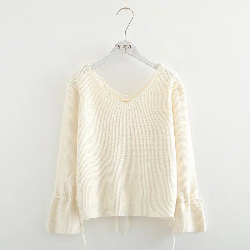 Autumn New Pure Color V-neck Pullover Sweater Women Casual Knitwear Lace Up Flare Sleeve Knitted Chandail Femme Top Coat | Женская