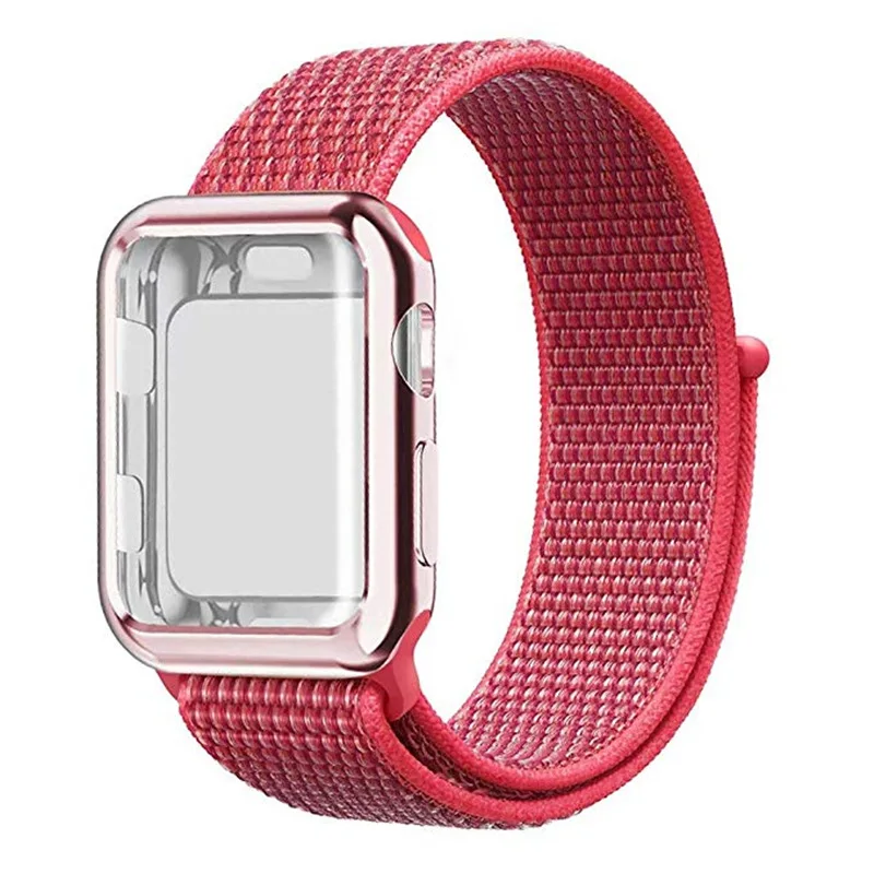 Hibiscus Pink Gold ASHEI из мягкого нейлона и шифона со вставками в полоску, ремешок+ чехол для Apple Watch 4 полоса 40 мм 44 мм с покрытием из ТПУ Защитный чехол ремешок для наручных часов Apple Watch 42 мм, 38 мм - Цвет ремешка: Hibiscus Pink Gold