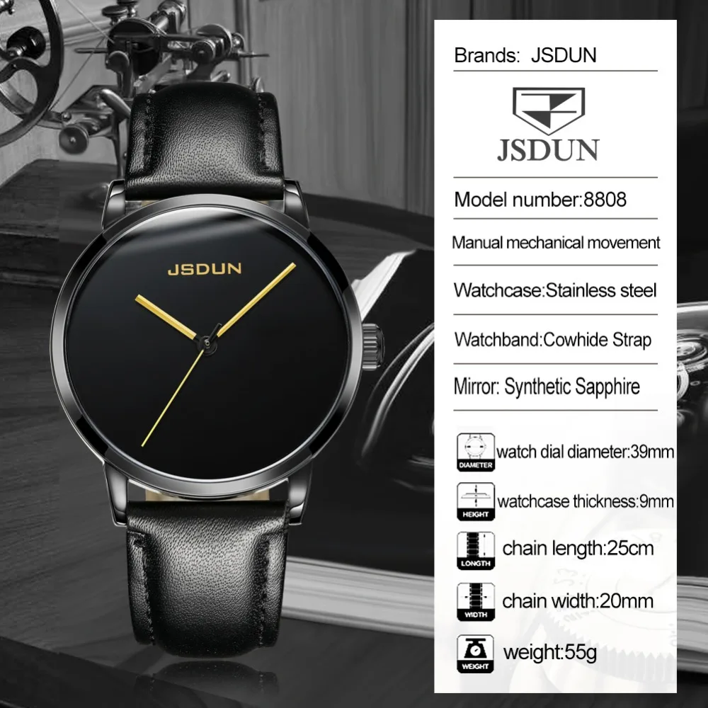 

2019 New JSDUN Brand Men Watch Black Genuine Leather strap Automatic Mechanical Watch Male Luxury self-wind Simple Fashion Watch