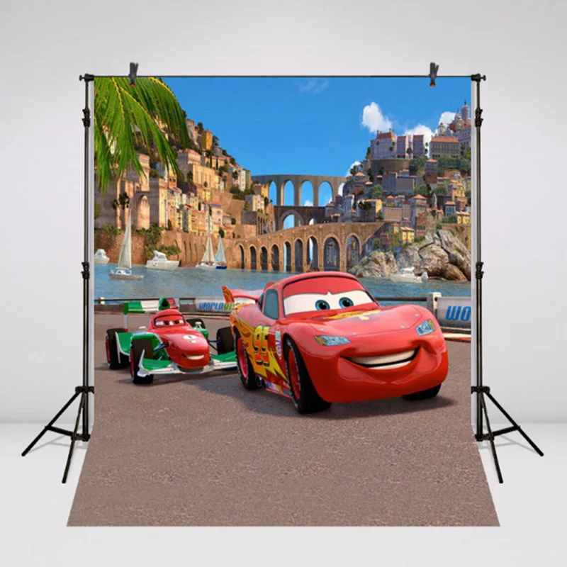 5 футов x 7 Виниловый фон для фотосъемки красный автомобиль мультфильм фото