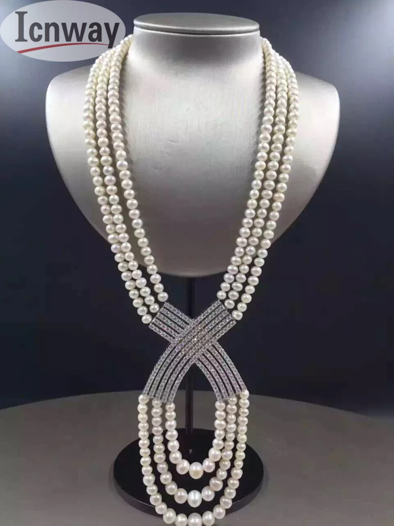 

Natural 8-9mm white black Round Freshwater Pearl Beads gp clasp 3Rows 22-24inches necklace Wholesale