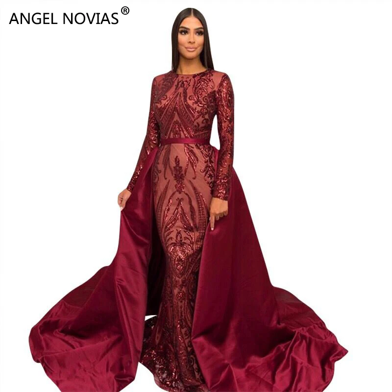 Женское вечернее платье Русалка ANGEL NOVIAS Бордовое с длинным рукавом для