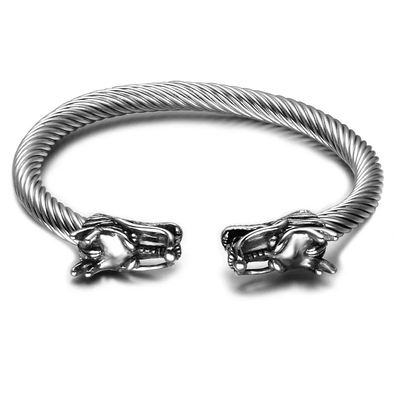 

BC Adjustable Mens sILVER Dragon Bracelet Stainless Steel Wire Twisted Cable Cuff Bangle Polished Biker Jewelry