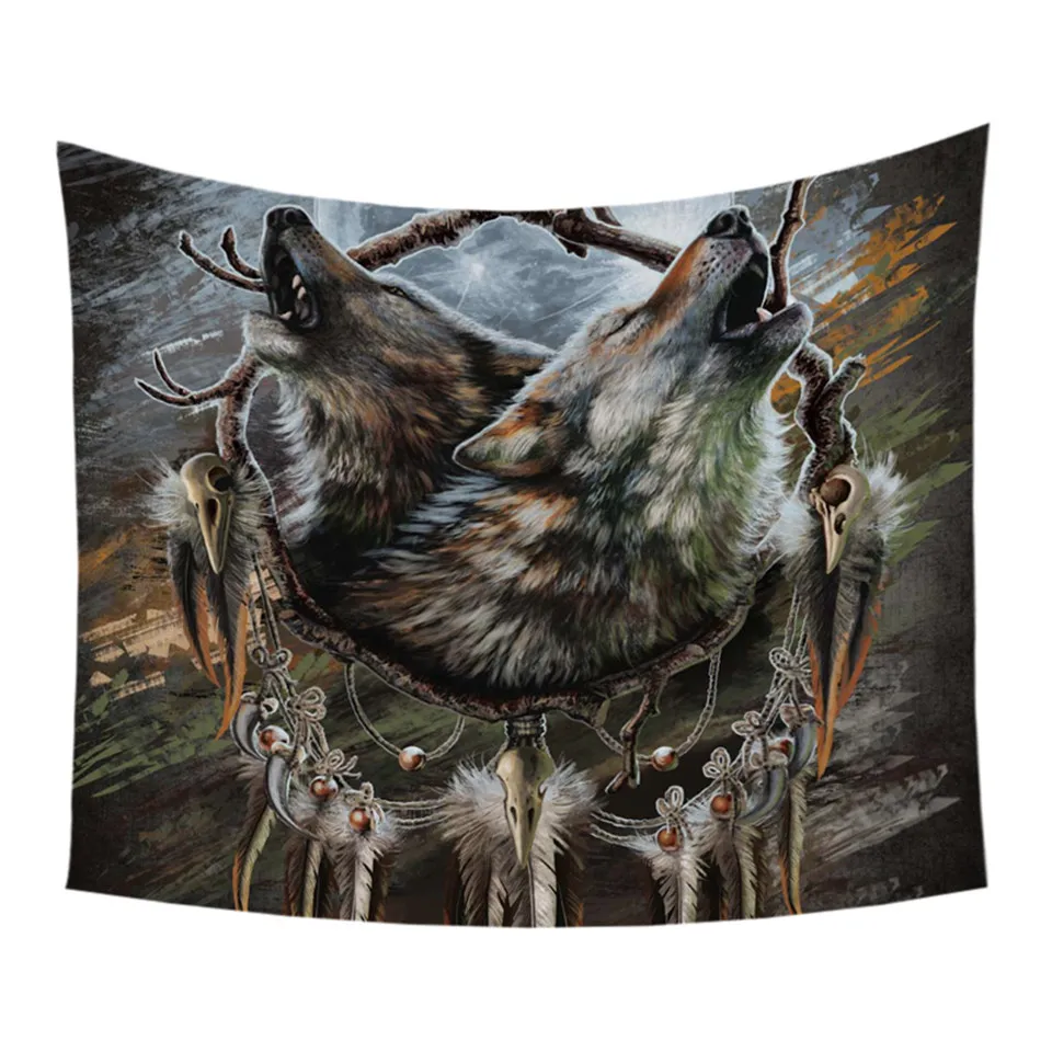 A Song for the Moons Reflection by SunimaArt Tapestry Wall Hanging Howling Wolves Sheet Wolf Dreamcatcher Bedspreads Home Decor | Дом и сад