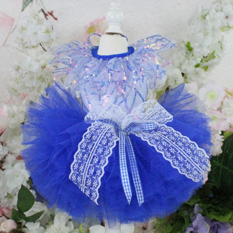 

Pet Dog Dress Handmade Blue Puppy Sequin Multi-Layer Yarn Clothes Tutu Princess Wedding Dress For Small Dogs Art Photo Chihuahua