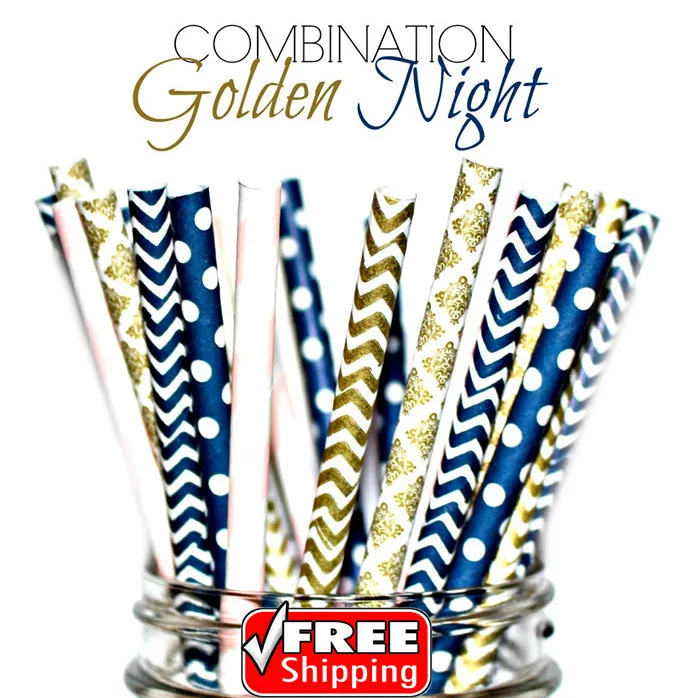 

250pcs Mixed 5 Designs GOLDEN NIGHT Themed Paper Straws - Navy,Light Pink,Gold-Stripe,Dot,Chevron,Damask,Girls,Party,Birthday