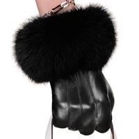 kuyomens women winter gloves with fur sheepskin gloves top lambskin solid ladies real genuine leather women wrist driving glove