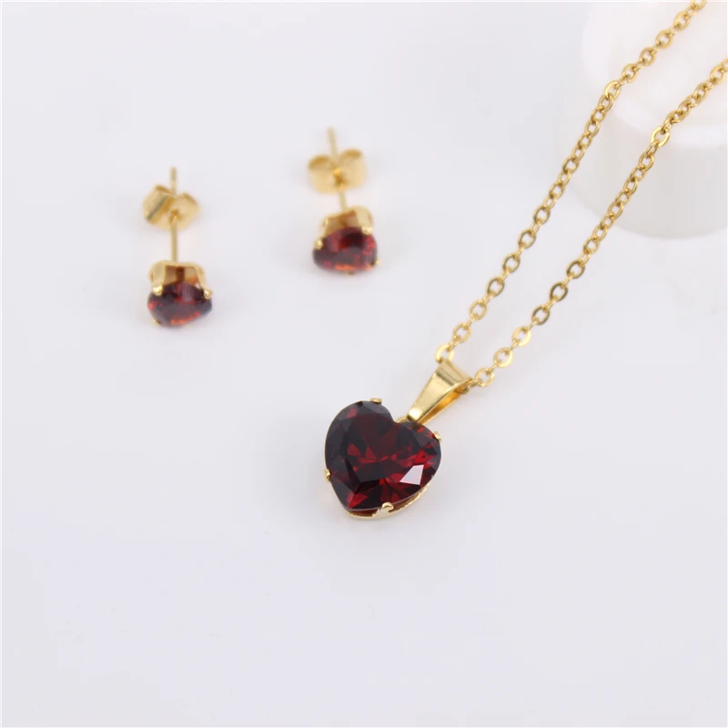 red color Черный, красный, розовый, синий, зеленый, оранжевый, несколько цветов, в форме сердца, набор из кристаллов, серьги, ожерелье,, продукт - Окраска металла: red color