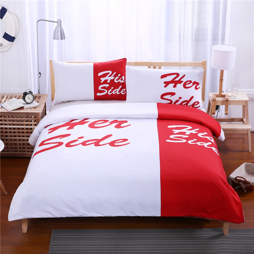 Free Shipping Her&ampHis Duvet Cover Set Single/Twin Double/Full Queen King Size 3Pcs White&ampBlack/Blue/Red Bedding | Дом и сад