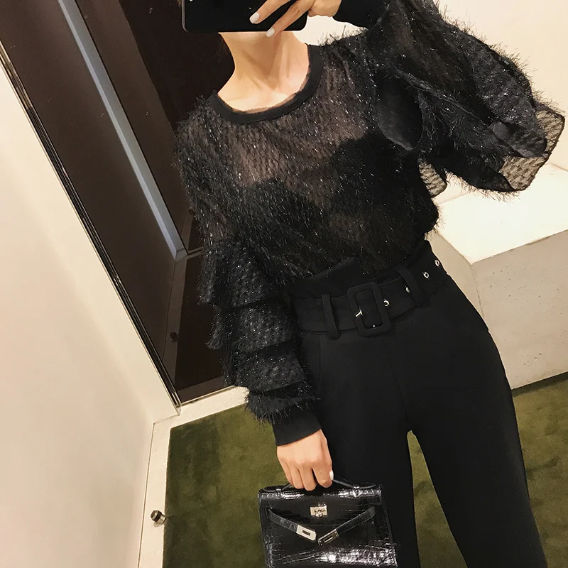 

Kpop Unicorn Tumblr Top Polyester Full Ruffles Solid O-neck Butterfly Sleeve Blusa New Women Shirt Princess Bottoming Female