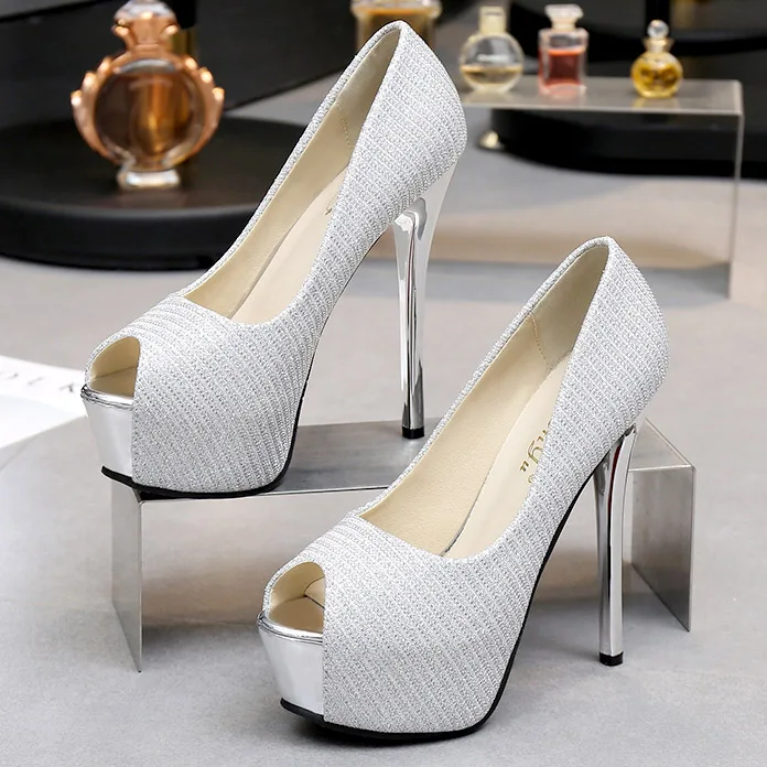 14cm Silver Пикантные вечерние туфли-лодочки на высоком каблуке Женская обувь свадебные туфли на платформе и высоком каблуке туфли-лодочки для невесты туфли на шпильке с открытым носком tacones mujer - Цвет: 14cm Silver