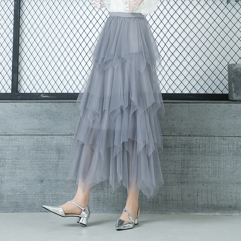 Women's Mesh Layer Cake Fairy Skirt Summer Ruffles Elastic Waist Ladies Sweet Midi Jupe Femme Tulle Tutu Long 3149LY | Женская
