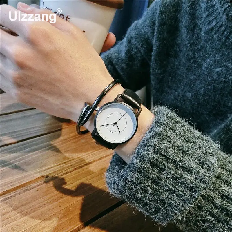 Простые винтажные черные коричневые кожаные кварцевые наручные часы в