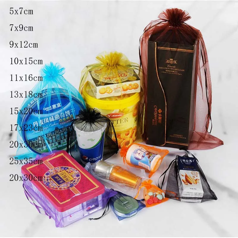 Оптовая продажа 500 шт./лот Разноцветные сумки из органзы для украшений 20x30 25x35 30x40