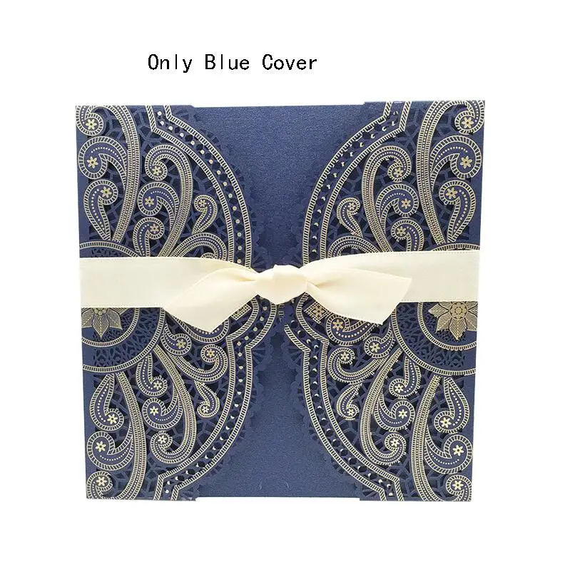 Blue Cover 50 шт., 4 цвета, лазерная резка, свадебные пригласительные открытки, открытки на заказ с лентой, вечерние украшения на день рождения, свадьбу - Цвет: Blue Cover