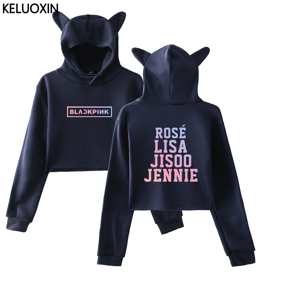 KELUOXIN Kpop Blackpink Kawaii толстовка с кошачьими ушками Женская команда с именами членов группы толстовки с принтом Blackpink вентиляторы сексуальный пупок кроп Топы