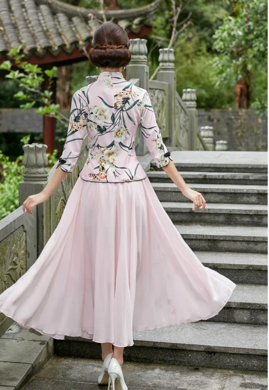 Sheng Coco элегантный Qipao Топ традиционное китайское Ципао Блузка 4XL Королевский синий китайским принтом женская одежда с длинным рукавом