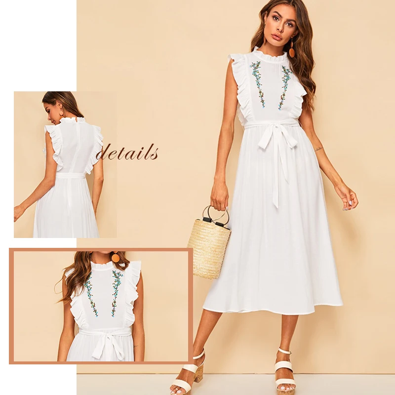 Sheinside White Floral Embroidered Ruffle Trim Dress Women Summer Sleeveless Belted A Line Dresses Ladies Solid Midi Dress