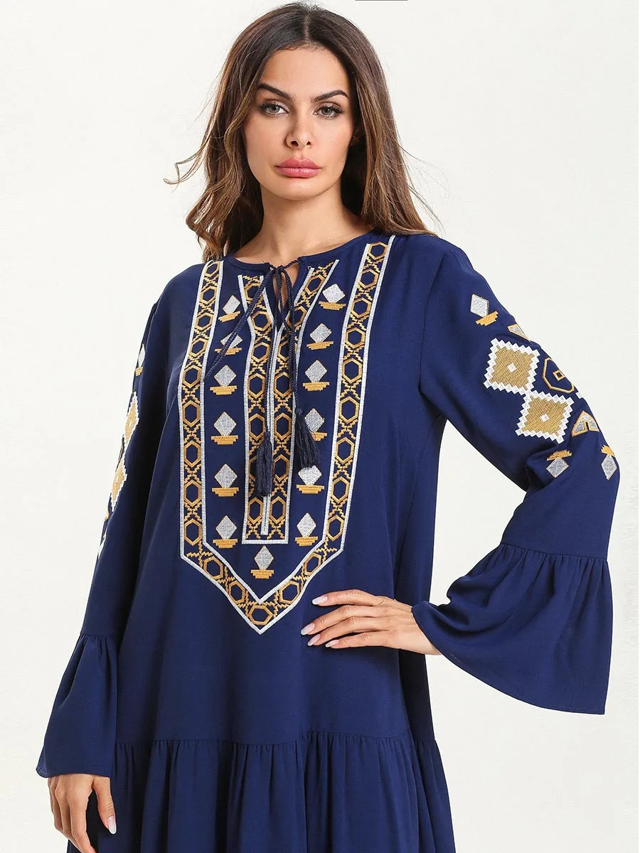 Богемное мексиканское абайя женское длинное платье с вышивкой темно синее
