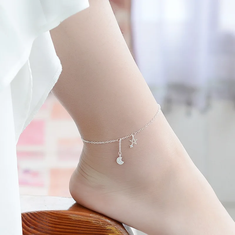 925 Sterling Silver Link Chian Anklet Star Moon Charm Bracelets &ampBangle For Women Jewelry Accessories Bijoux Gifts A167 | Украшения и