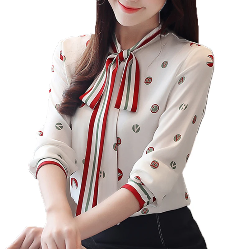 2019 стильные женские шифоновые блузки с длинным рукавом и воротником бабочкой