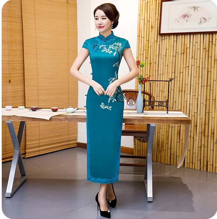 Sheng Coco размера плюс Королевский синий китайский шелк Qipao атлас Cheongsam платья Длинные Кружева Окаймленный воротник Qipao 4XL вышитые цветы