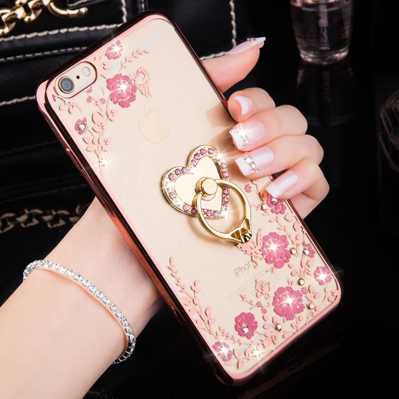 Алмаза мягкий чехол для IPHONE5s SE 6 S плюс 7 Plus Цветок Bling ТПУ кольцо 360 держатель