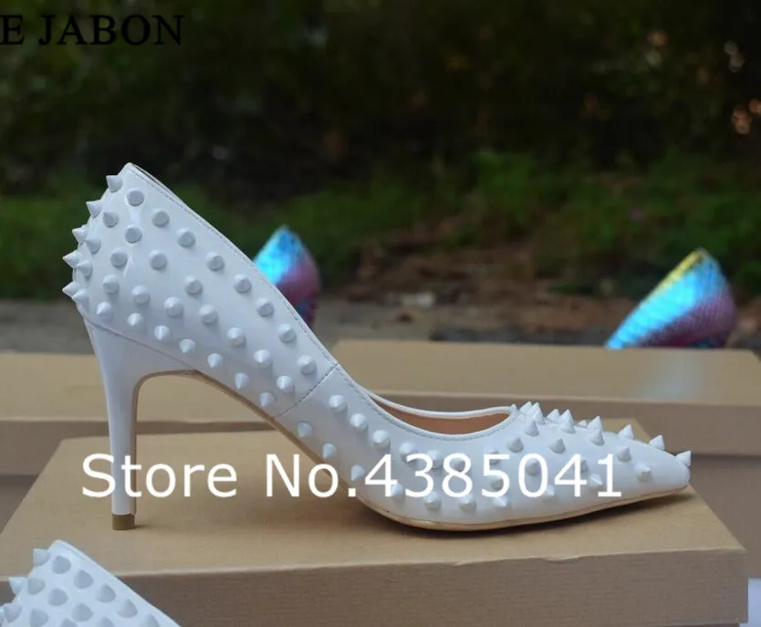 

YUE JABON Pointed Toe Thin High Heels Sexy White Rivets Spike Women Party Shoes Classical Fashion Studs Lady Party Wedding Shoes