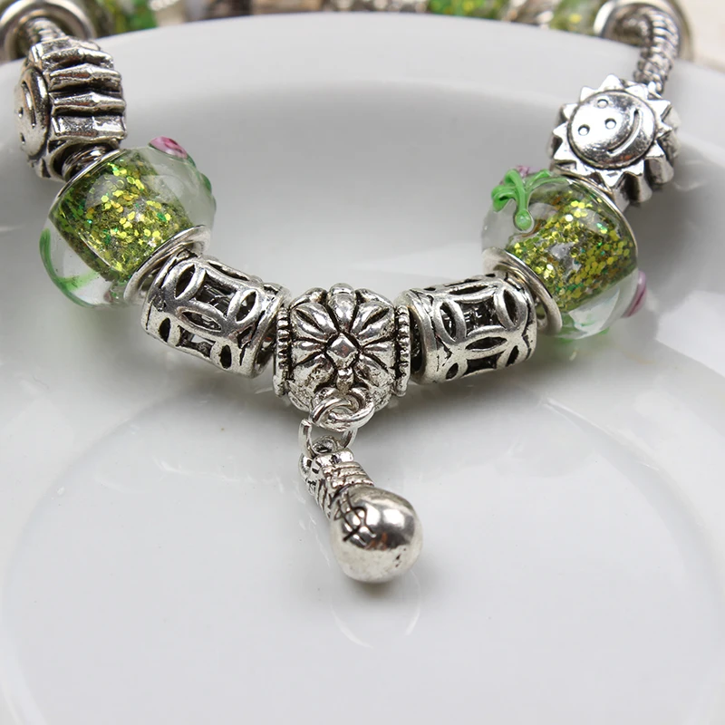 Homhul простой серебряный шарм браслет и с доллар мяч зеленым Мурано Стекло бисера