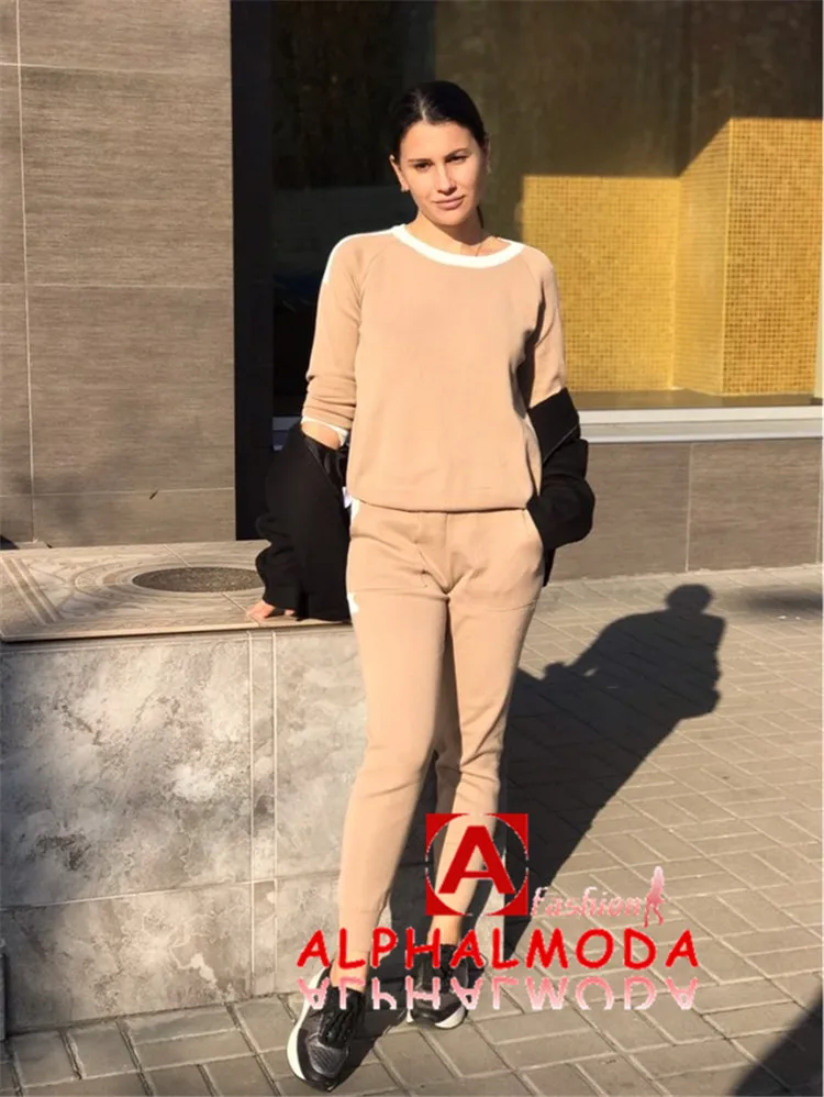 ALPHALMODA осенне-зимние женские вязаные штаны и свитер, комплекты одежды из 2 предметов, пуловеры с круглым вырезом, цветные трикотажные комплекты с карманами
