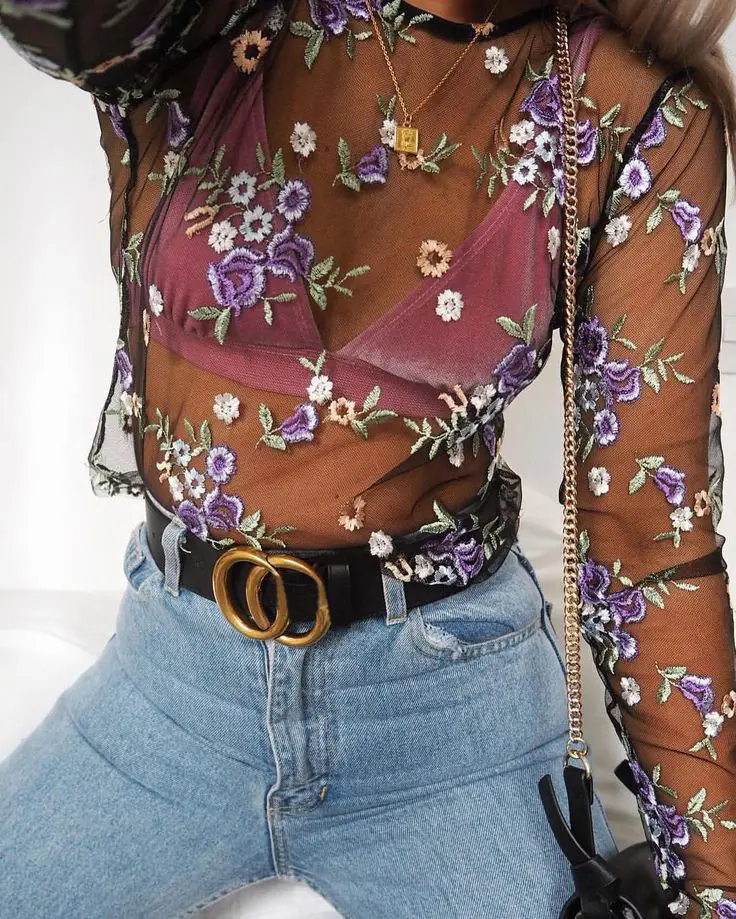 Fashion Women's 2017 Summer Sexy Sheer Flower Long Sleeve Shirt Floral Embroidery See Through Tops T-shirt | Женская одежда