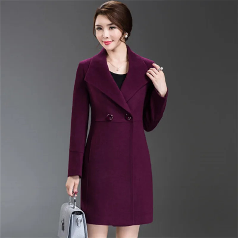 Фиолетовый Women's Loose Plus Size Clothing Autumn Winter Fashion Turn Down Collar Double-breasted Slim Wool Trench Coat Jacket XH598 - Цвет: Фиолетовый