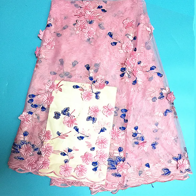 

5 Yards/pc Hot sale white french net lace fabric with fuchsia flower and beads decoration african mesh lace for dress BN73-6