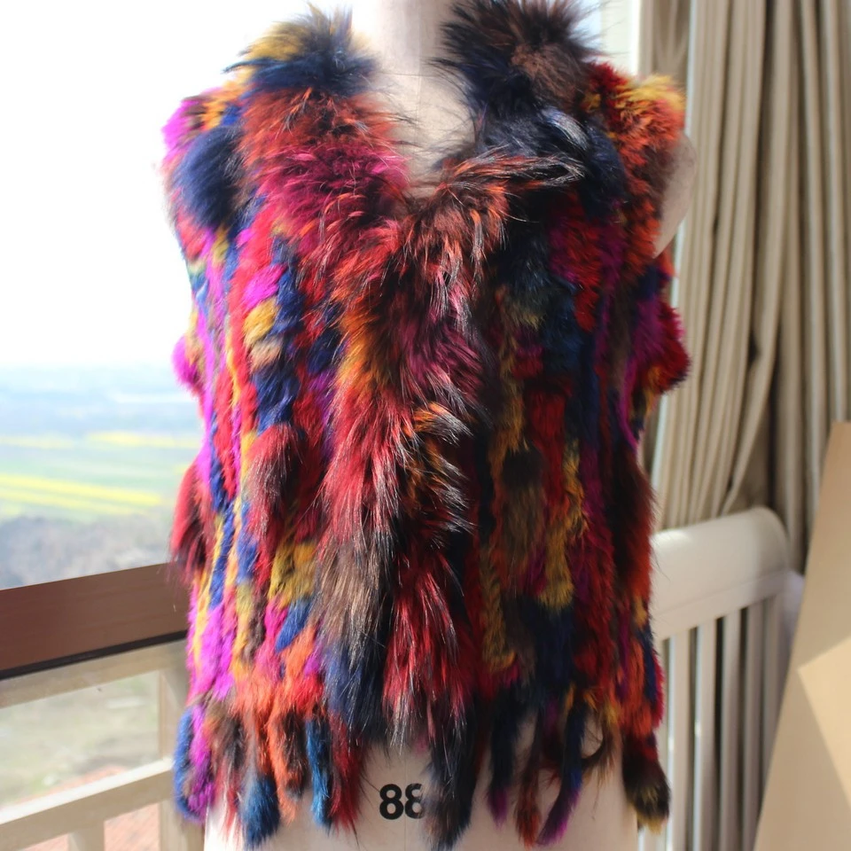 FXFURS 2020 вязаный жилет из кроличьего меха/жилет Модный воротник меха енота Женский