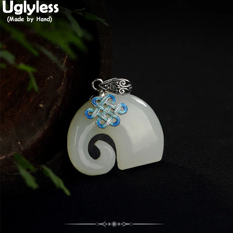 

Uglyless Real 925 Sterling Silver Natural Jade Elephant Pendants without Necklaces for Women Vintage Enamel Chinese Knot Jewelry
