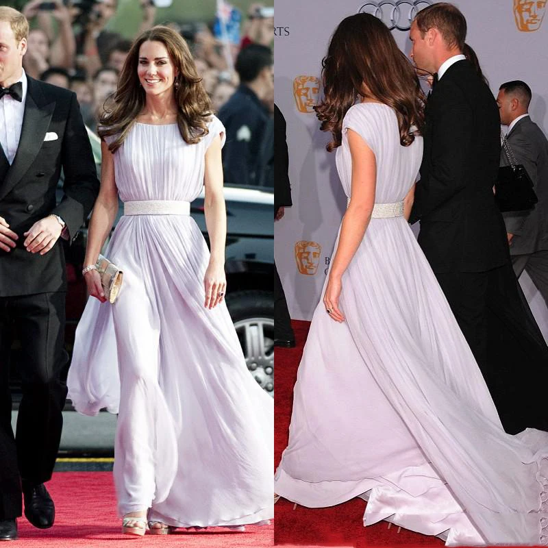 Новые Вечерние Платья Line Scoop С Коротким Рукавом Развертки Поезд Sash Шифон Вечер